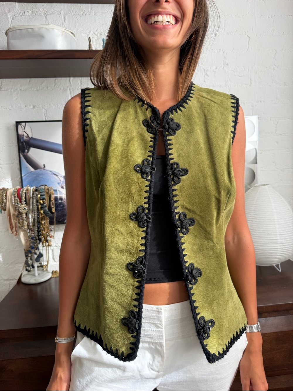 Vintage Olive Green Suede Vest with Black Trim